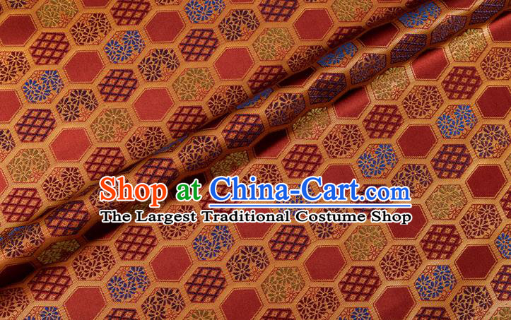 Japanese Traditional Hexagon Daisy Pattern Design Purplish Red Brocade Nishijin Fabric Silk Material Traditional Asian Japan Kimono Tapestry Satin