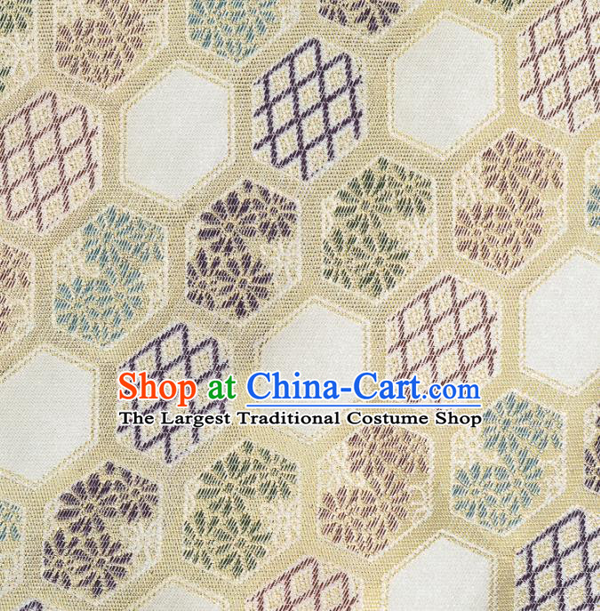Japanese Traditional Hexagon Daisy Pattern Design White Brocade Nishijin Fabric Silk Material Traditional Asian Japan Kimono Tapestry Satin