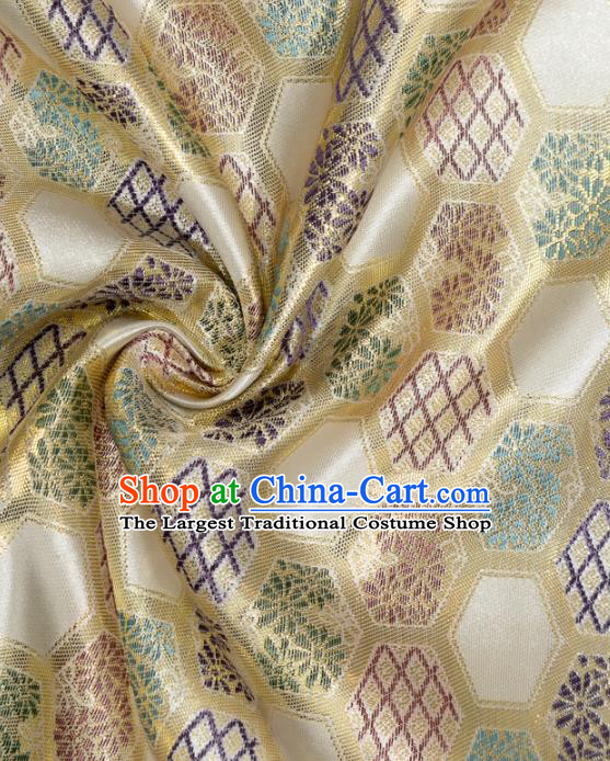 Japanese Traditional Hexagon Daisy Pattern Design White Brocade Nishijin Fabric Silk Material Traditional Asian Japan Kimono Tapestry Satin