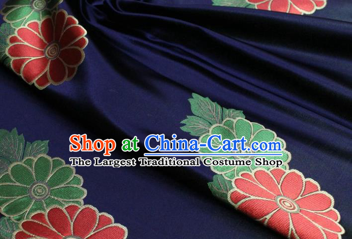 Chinese Classical Chrysanthemum Pattern Design Navy Brocade Silk Fabric DIY Satin Damask Asian Traditional Mongolian Robe Tapestry Material