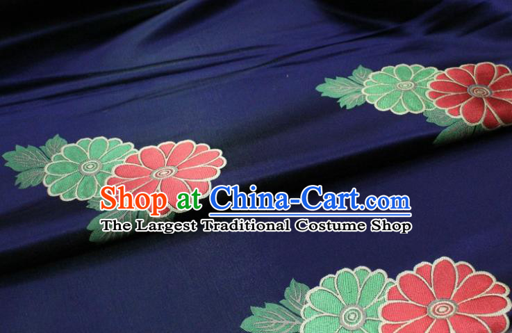 Chinese Classical Chrysanthemum Pattern Design Navy Brocade Silk Fabric DIY Satin Damask Asian Traditional Mongolian Robe Tapestry Material