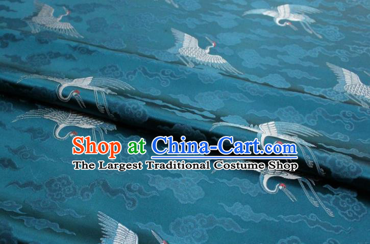 Chinese Classical Cloud Crane Pattern Design Teal Brocade Silk Fabric DIY Satin Damask Asian Traditional Qipao Dress Tapestry Material