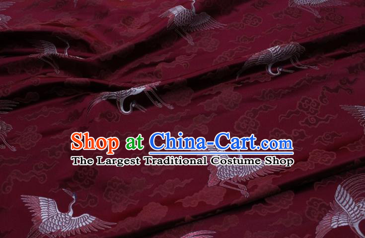 Chinese Classical Cloud Crane Pattern Design Purplish Red Brocade Silk Fabric DIY Satin Damask Asian Traditional Qipao Dress Tapestry Material