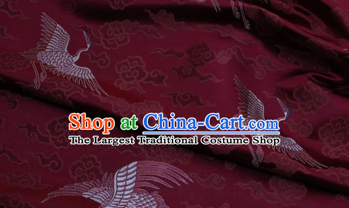 Chinese Classical Cloud Crane Pattern Design Purplish Red Brocade Silk Fabric DIY Satin Damask Asian Traditional Qipao Dress Tapestry Material