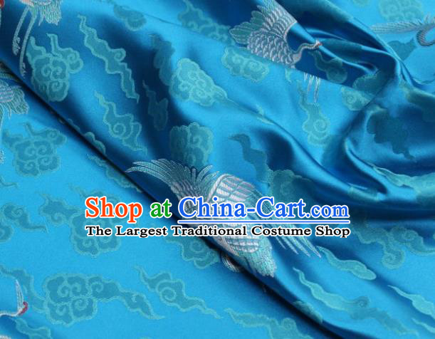 Chinese Classical Cloud Crane Pattern Design Blue Brocade Silk Fabric DIY Satin Damask Asian Traditional Qipao Dress Tapestry Material