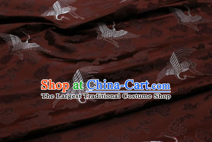 Chinese Classical Cloud Crane Pattern Design Brown Brocade Silk Fabric DIY Satin Damask Asian Traditional Qipao Dress Tapestry Material