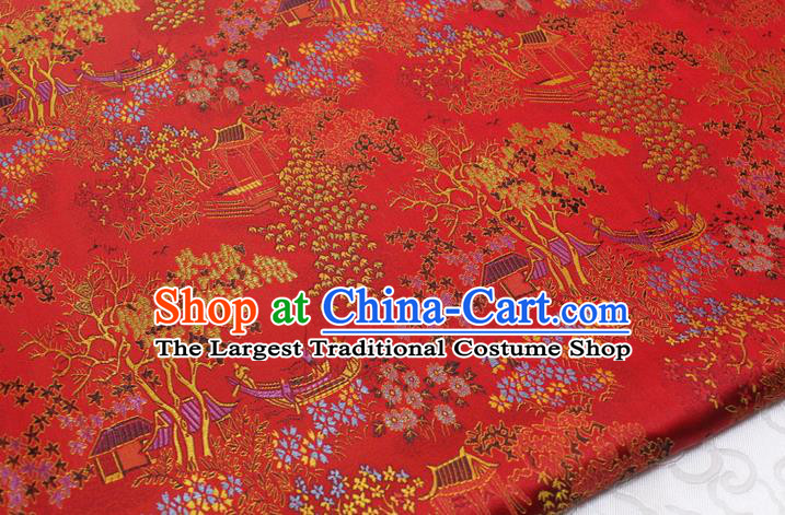 Chinese Classical Scenery Pattern Design Red Brocade Silk Fabric DIY Satin Damask Asian Traditional Tang Suit Tapestry Material