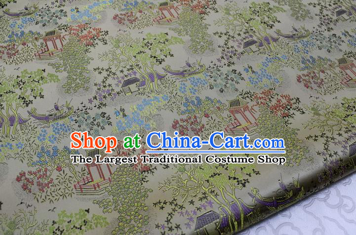 Chinese Classical Scenery Pattern Design Beige Brocade Silk Fabric DIY Satin Damask Asian Traditional Tang Suit Tapestry Material