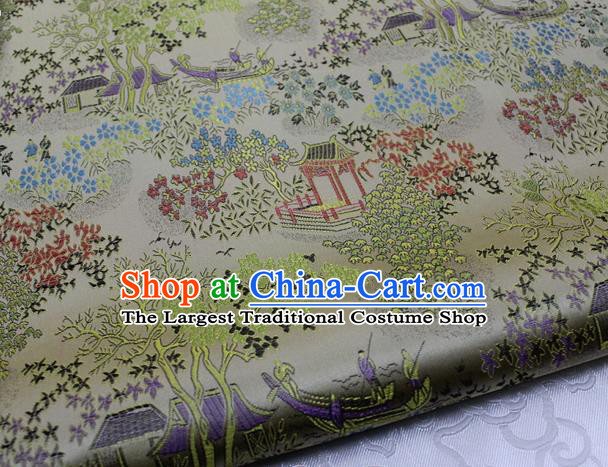 Chinese Classical Scenery Pattern Design Beige Brocade Silk Fabric DIY Satin Damask Asian Traditional Tang Suit Tapestry Material