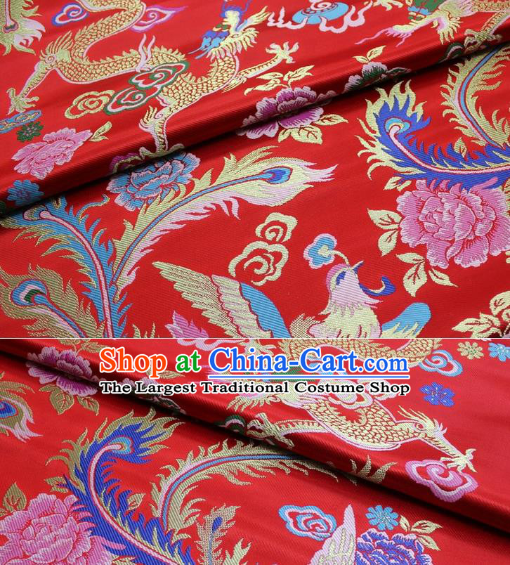 Chinese Wedding Dress Classical Phoenix Dragon Pattern Design Red Nanjing Brocade Asian Traditional Tapestry Material DIY Satin Damask Silk Fabric