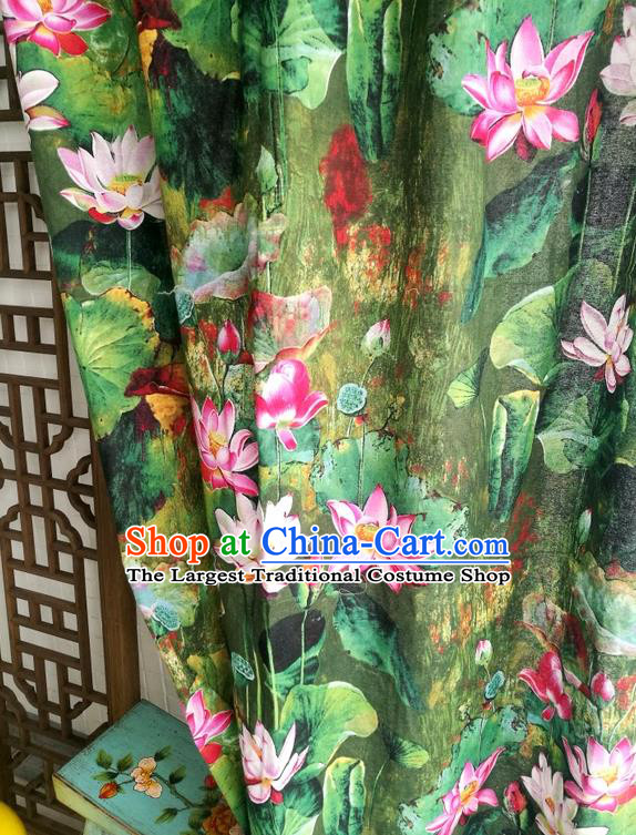 Top Quality Chinese Classical Lotus Pattern Green Flax Material Asian Traditional Curtain Linen Cloth Fabric