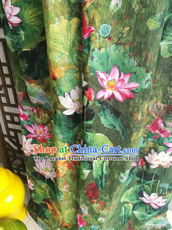 Top Quality Chinese Classical Lotus Pattern Green Flax Material Asian Traditional Curtain Linen Cloth Fabric