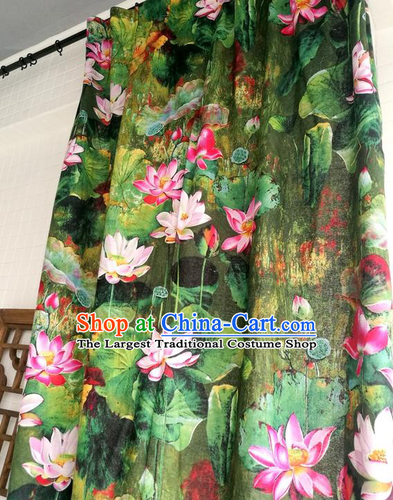 Top Quality Chinese Classical Lotus Pattern Green Flax Material Asian Traditional Curtain Linen Cloth Fabric