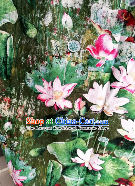 Top Quality Chinese Classical Lotus Pattern Green Flax Material Asian Traditional Curtain Linen Cloth Fabric