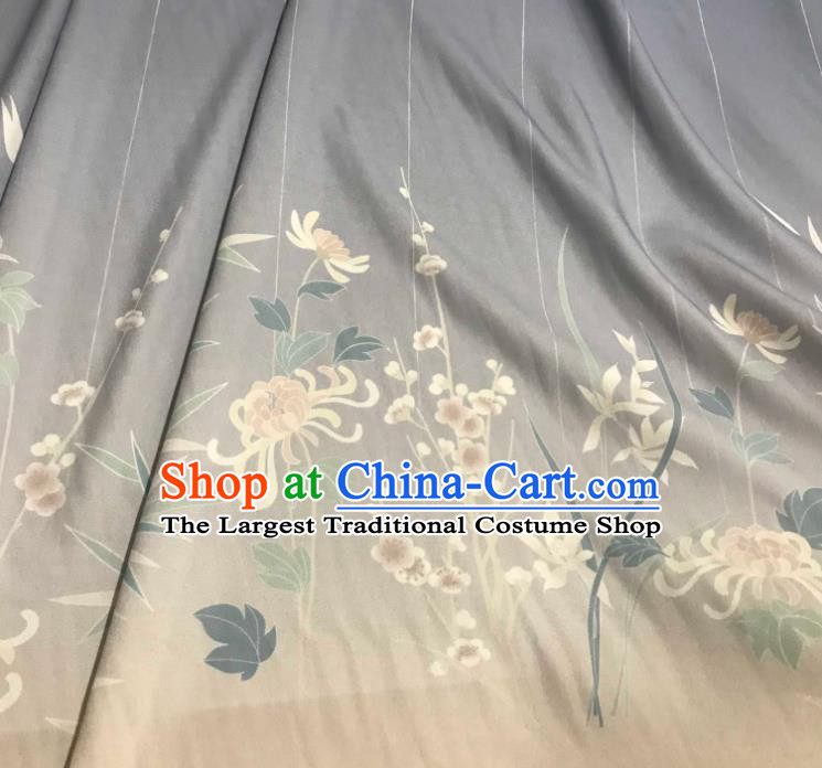 Chinese Hanfu Dress Traditional Plum Orchid Bamboo Chrysanthemum Pattern Design Grey Satin Fabric Silk Material Traditional Asian Tapestry