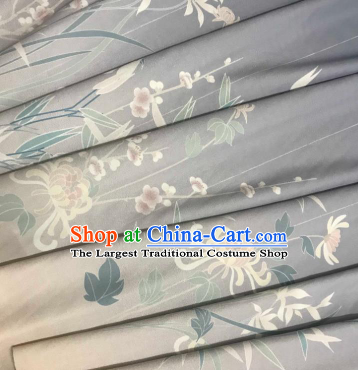 Chinese Hanfu Dress Traditional Plum Orchid Bamboo Chrysanthemum Pattern Design Grey Satin Fabric Silk Material Traditional Asian Tapestry