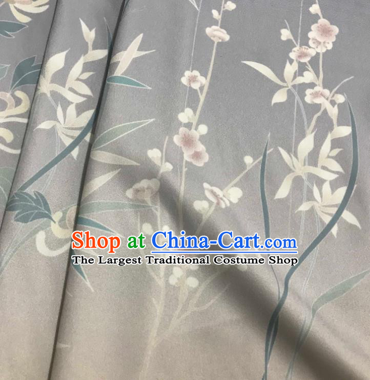 Chinese Hanfu Dress Traditional Plum Orchid Bamboo Chrysanthemum Pattern Design Grey Satin Fabric Silk Material Traditional Asian Tapestry