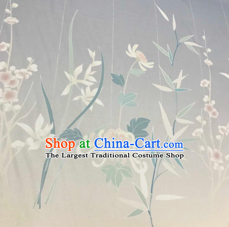 Chinese Hanfu Dress Traditional Plum Orchid Bamboo Chrysanthemum Pattern Design Grey Satin Fabric Silk Material Traditional Asian Tapestry