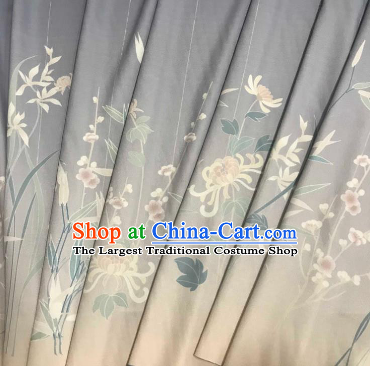 Chinese Hanfu Dress Traditional Plum Orchid Bamboo Chrysanthemum Pattern Design Grey Satin Fabric Silk Material Traditional Asian Tapestry