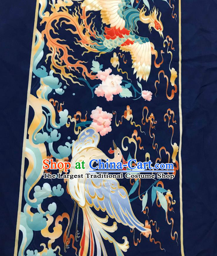 Chinese Hanfu Dress Traditional Phoenix Peony Pattern Design Navy Satin Fabric Silk Material Traditional Asian Tapestry