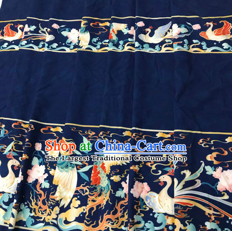 Chinese Hanfu Dress Traditional Phoenix Peony Pattern Design Navy Satin Fabric Silk Material Traditional Asian Tapestry