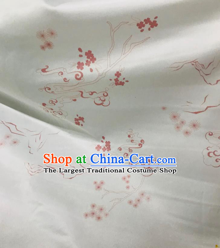 Chinese Hanfu Dress Traditional Plum Pine Pattern Design White Satin Fabric Silk Material Traditional Asian Chiffon Tapestry