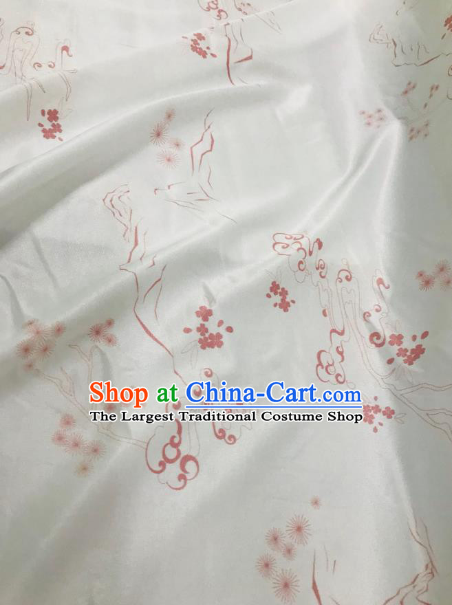 Chinese Hanfu Dress Traditional Plum Pine Pattern Design White Satin Fabric Silk Material Traditional Asian Chiffon Tapestry
