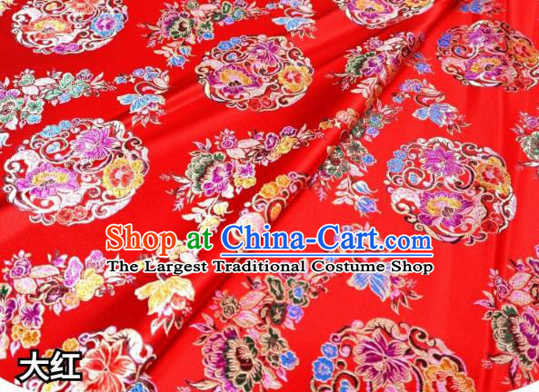Chinese Classical Round Flowers Pattern Design Red Nanjing Brocade Cheongsam Fabric Asian Traditional Tapestry Satin Material DIY Wedding Cloth Damask