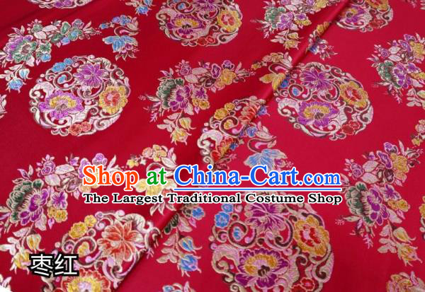 Chinese Classical Round Flowers Pattern Design Purplish Red Nanjing Brocade Cheongsam Fabric Asian Traditional Tapestry Satin Material DIY Wedding Cloth Damask