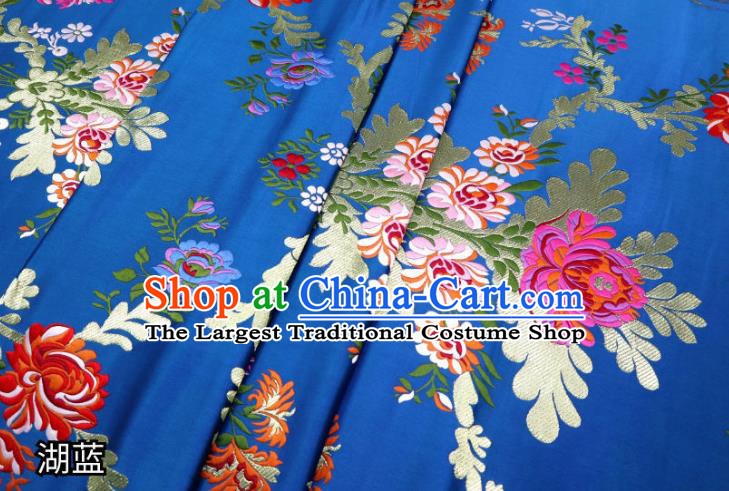 Chinese Cheongsam Classical Flowers Pattern Design Lake Blue Nanjing Brocade Fabric Asian Traditional Tapestry Satin Material DIY Court Cloth Damask