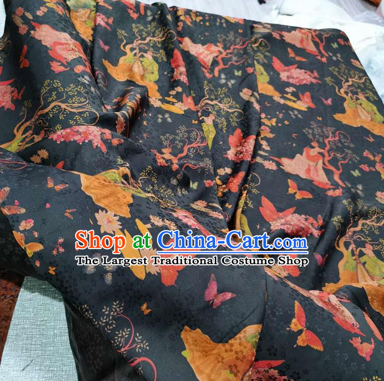 Chinese Classical Young Beauty Pattern Black Watered Gauze Asian Top Quality Silk Material Hanfu Dress Cloth Cheongsam Brocade Fabric