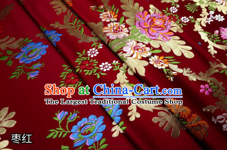 Chinese Cheongsam Classical Flowers Pattern Design Dark Red Nanjing Brocade Fabric Asian Traditional Tapestry Satin Material DIY Court Cloth Damask