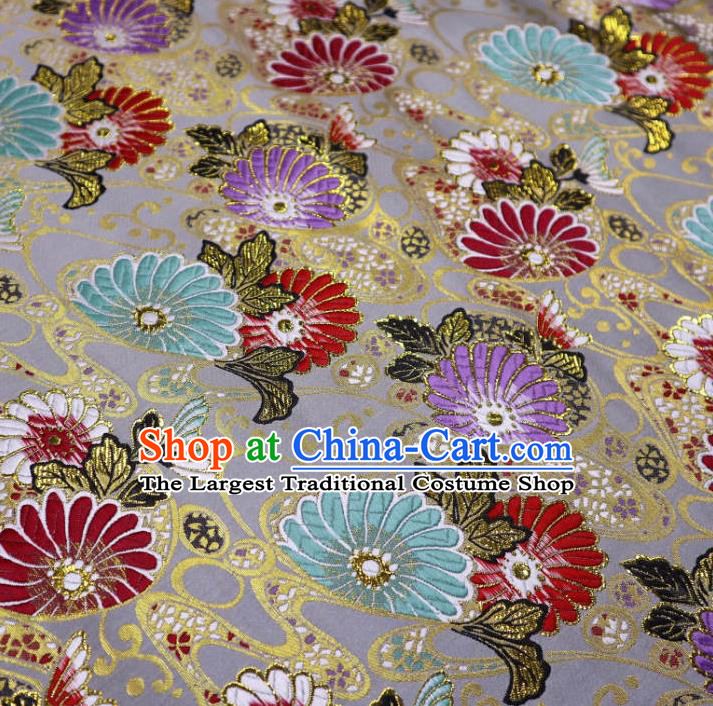Japanese Traditional Daisy Pattern Gray Brocade Cloth Kimono Belt Tapestry Satin Fabric Asian Top Quality Nishijin Material