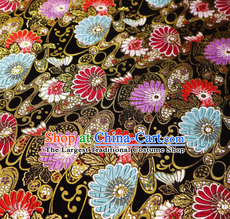 Japanese Traditional Daisy Pattern Black Brocade Cloth Kimono Belt Tapestry Satin Fabric Asian Top Quality Nishijin Material