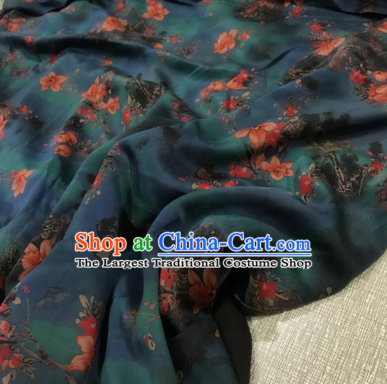 Chinese Classical Peach Blossom Pattern Dark Green Watered Gauze Asian Top Quality Silk Material Cloth Hanfu Dress Fabric