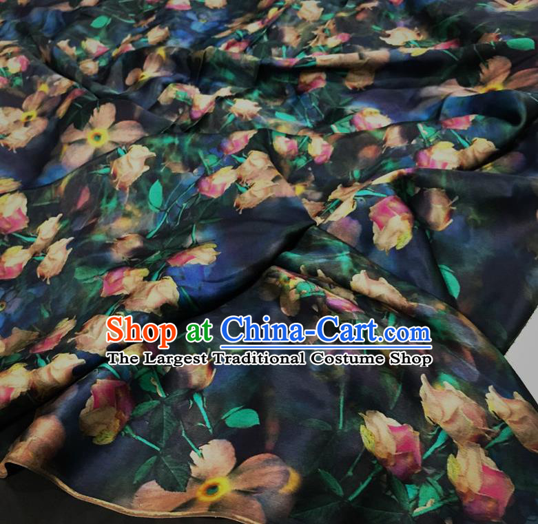 Chinese Classical Tulip Pattern Black Watered Gauze Asian Top Quality Silk Material Cloth Hanfu Dress Fabric
