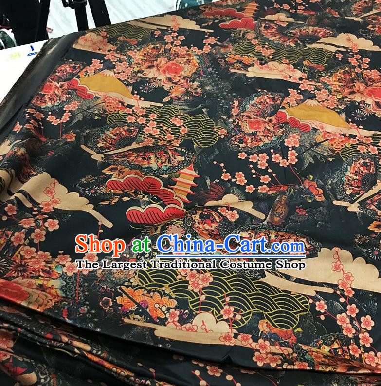 Chinese Classical Pine Plum Pattern Black Watered Gauze Asian Top Quality Silk Material Cloth Hanfu Dress Fabric