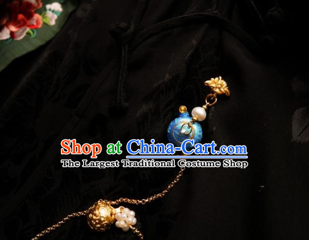 Chinese Classical Cheongsam Blueing Flagon Brooch Traditional Hanfu Accessories Handmade Breastpin Golden Bell Tassel Pendant for Women