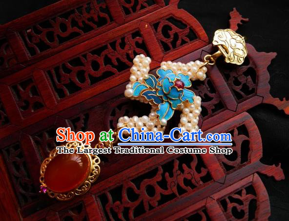Chinese Classical Cheongsam Blue Peony Brooch Traditional Hanfu Accessories Handmade Pearls Breastpin Pendant for Women