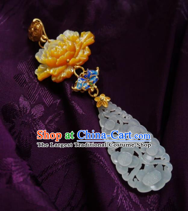 Chinese Classical Cheongsam Yellow Peony Brooch Traditional Hanfu Accessories Handmade Breastpin Jade Pendant for Women