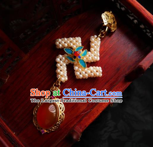 Chinese Classical Cheongsam Carnelian Brooch Traditional Hanfu Accessories Handmade Pearls Breastpin Pendant for Women