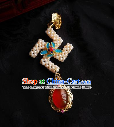 Chinese Classical Cheongsam Carnelian Brooch Traditional Hanfu Accessories Handmade Pearls Breastpin Pendant for Women