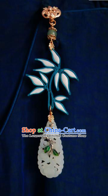 Chinese Classical Cheongsam White Silk Bamboo Leaf Brooch Traditional Hanfu Accessories Handmade Jade Breastpin Pendant for Women