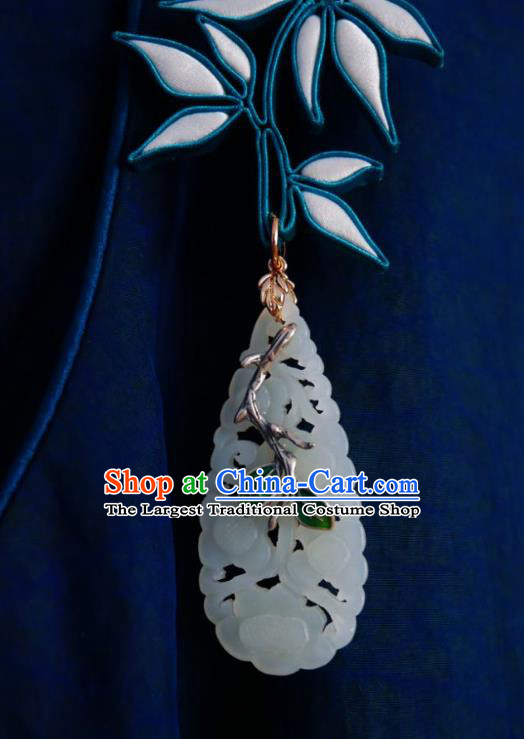 Chinese Classical Cheongsam White Silk Bamboo Leaf Brooch Traditional Hanfu Accessories Handmade Jade Breastpin Pendant for Women