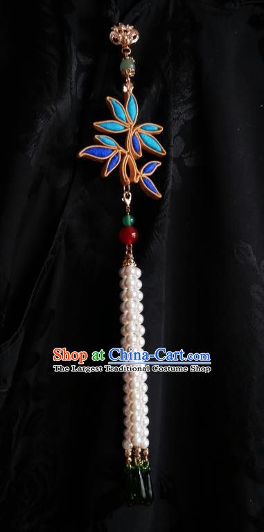 Chinese Classical Cheongsam Blue Silk Bamboo Leaf Brooch Traditional Hanfu Accessories Handmade Pearls Tassel Breastpin Pendant for Women