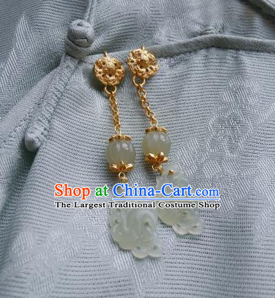 Chinese Handmade Carving Golden Earrings Traditional Hanfu Ear Jewelry Accessories Ancient Princess Jade Phoenix Eardrop for Women