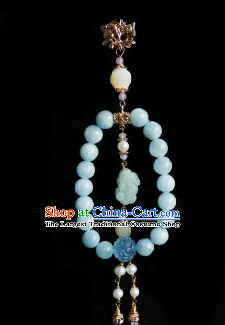 Chinese Classical Cheongsam Blue Beads Brooch Traditional Hanfu Accessories Handmade Qing Dynasty Court Breastpin Pendant for Women
