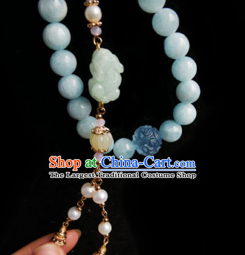 Chinese Classical Cheongsam Blue Beads Brooch Traditional Hanfu Accessories Handmade Qing Dynasty Court Breastpin Pendant for Women