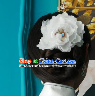Handmade Chinese White Silk Peony Hairpins Traditional Hanfu Hair Accessories Ancient Tang Dynasty Court Hair Clip for Women