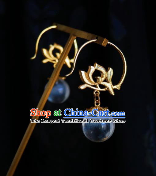 Chinese Handmade Golden Lotus Earrings Traditional Hanfu Ear Jewelry Accessories Ancient Princess Eardrop for Women
